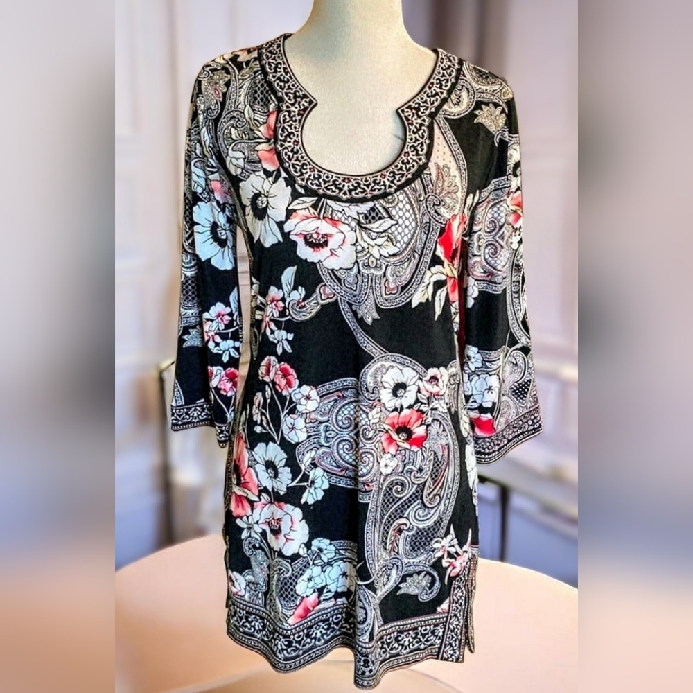 WHBM Paisley Floral Embroiderd Tunic Top/Mini Dres Metallic Silver Accent. Sz. L